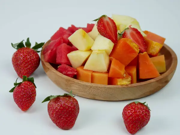 Sliced Strawberry Papaya Apple Watermelon Wooden Plate White Background Healthy — Fotografia de Stock