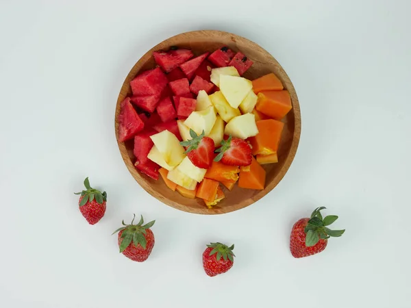 Top View Sliced Strawberry Papaya Apple Watermelon Wooden Plate White —  Fotos de Stock