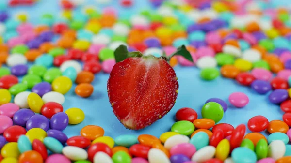 Strawberry Colorful Sweet Candy Blue Pastel Background — Stock Photo, Image
