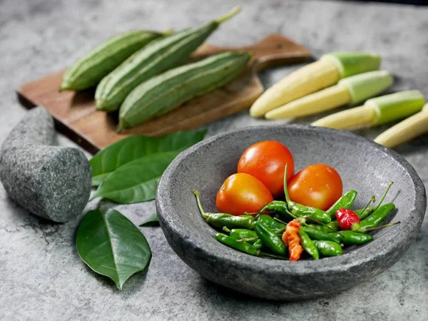 Chili Paradicsom Mozsárban Zöldséges Bébikukorica Recept Luffa Acutangula Paradicsomszósszal Élelmiszer — Stock Fotó
