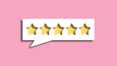 Pembe arka planda beş yıldızlı geri bildirim. İyi eleştiri konsepti. 3B Hazırlama
