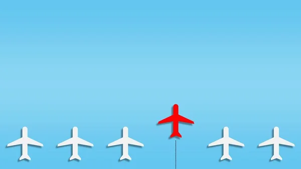 Група Білих Літаків Одному Напрямку Один Червоний Літак Якості Лідера — стокове фото
