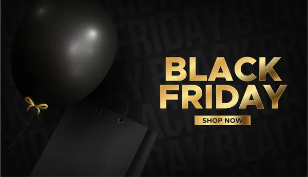 Modern Black Friday Golden Text Realistic Black Balloon Shopping Bag — Stock Vector