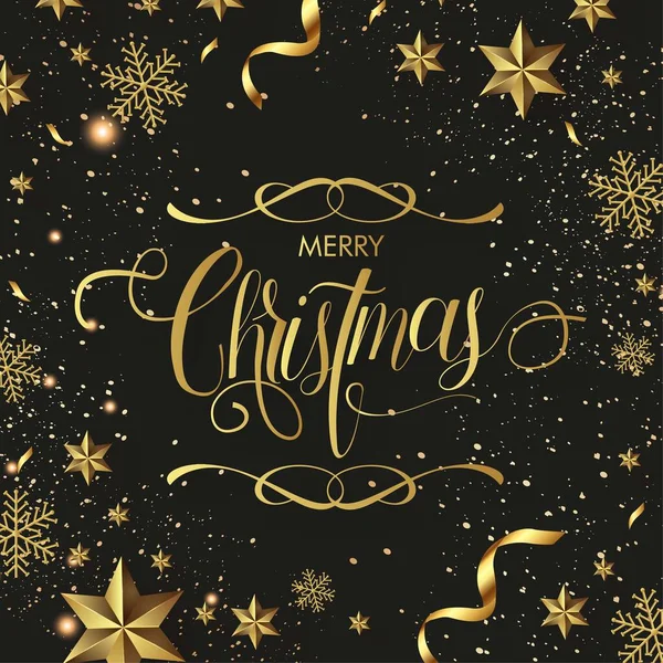 Merry Christmas Card Golden Elements Lettering Text Ornament Vector Design — Stock Vector