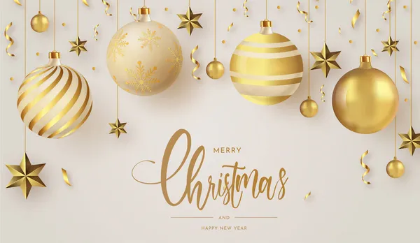 Feliz Navidad Feliz Año Nuevo Con Bolas Oro Realistas Diseño — Vector de stock