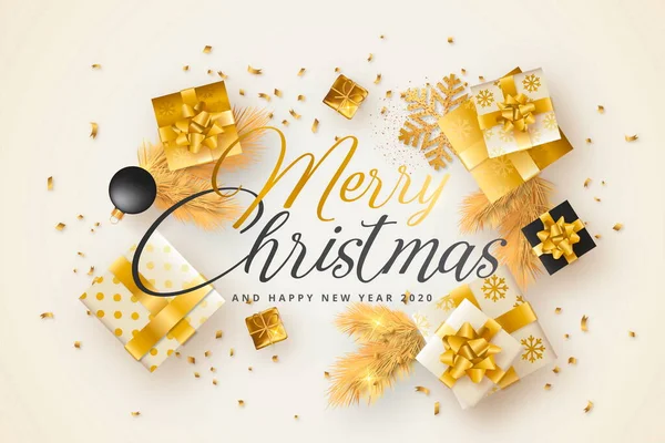 Feliz Tarjeta Navidad Con Oro Negro Presenta Diseño Vector Ilustración — Vector de stock