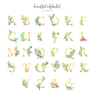 Çiçekli süslemeleri olan altın alfabe koleksiyonu tasarım vektörü illüstrasyonu