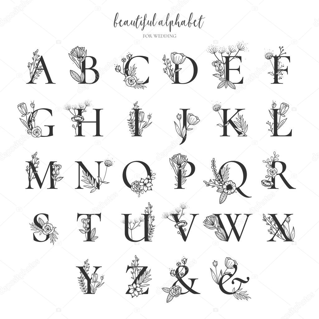 beautiful alphabet collection with hand drawn floral ornaments