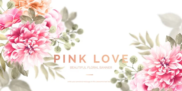 Bellissimo Banner Floreale Con Fiori Rosa Disegno Vettoriale Illustrazione — Vettoriale Stock
