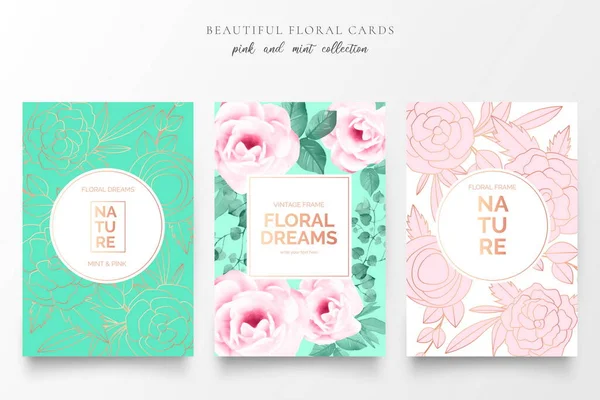 Elegantes Cartões Florais Rosa Hortelã Cores Design Vetor Ilustração —  Vetores de Stock
