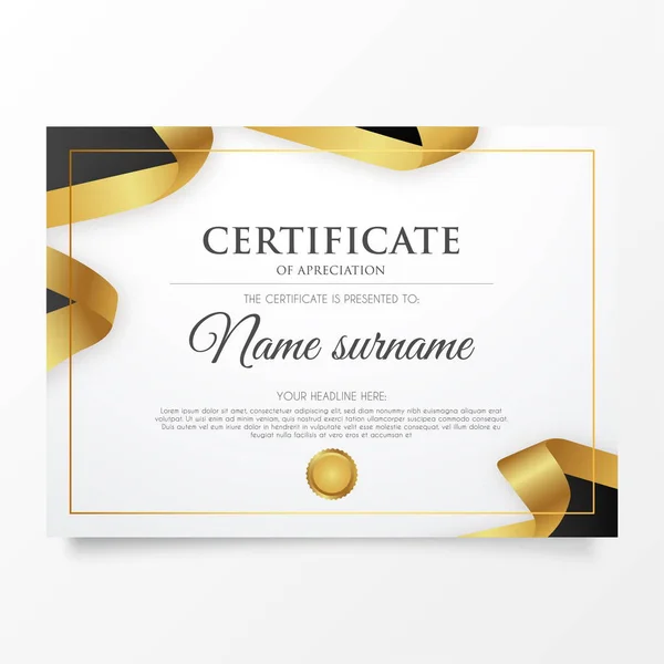 Elegant Certificate Appreciation Golden Ribbon Template Abstract Shapes Vector Illustration — Stock Vector