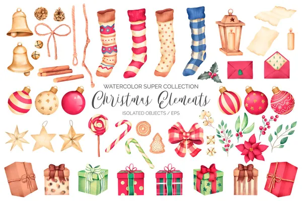 Super Collection Watercolor Christmas Elements Design Vector Illustration — Stock Vector
