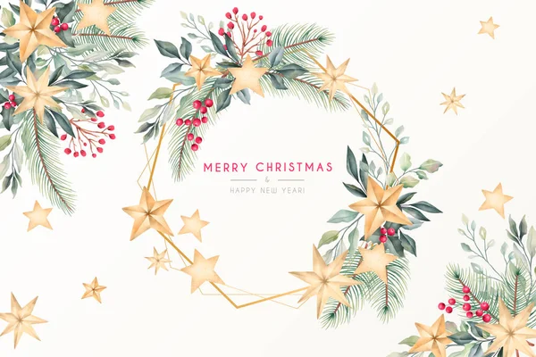 ゴールデンフレーム付きの美しい水彩クリスマスグリーティングカード — ストックベクタ