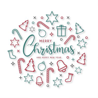 Düz simgeli modern mutlu noel kartı tasarım vektör illüstrasyonu