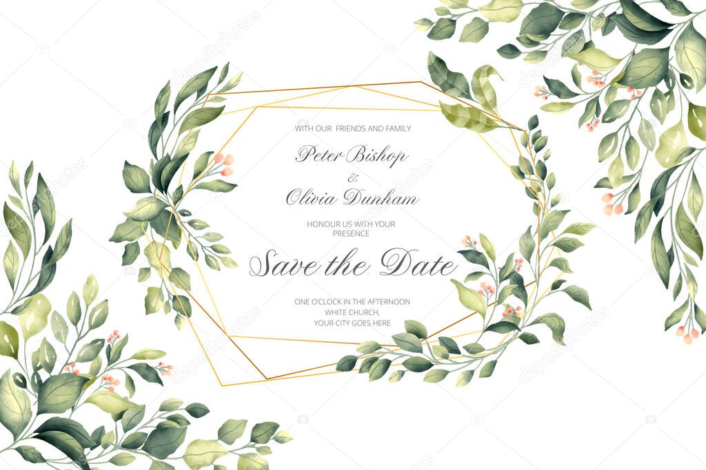 wedding invitation with golden frame green leaves