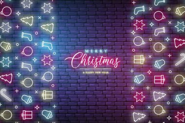 Neon ışıkları tasarım vektörü illüstrasyonlu modern noel afişi