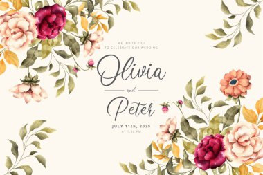 Romantik çiçek tasarımı vektör illüstrasyonlu düğün davetiyesi