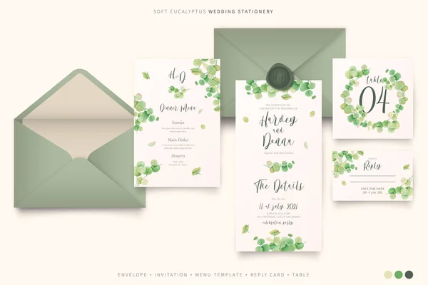 Elegante Casamento Papelaria Com Eucalipto Folhas Design Vetor Ilustração — Vetor de Stock