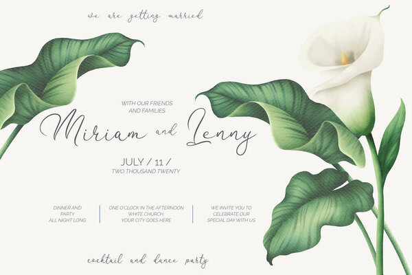 beautiful wedding invitation template with white lilies