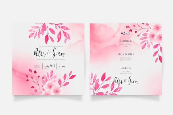 Pink Watercolor Wedding Invitation Menu Template Design Vector Illustration — Stock Vector