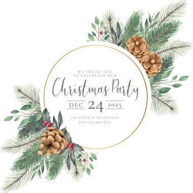 Suluboya doğa davetli zarif bir Noel çerçevesi.