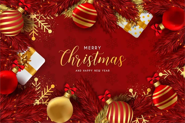 Merry Christmas Happy New Year Background Red Realistic Christmas Elements — Stock Vector