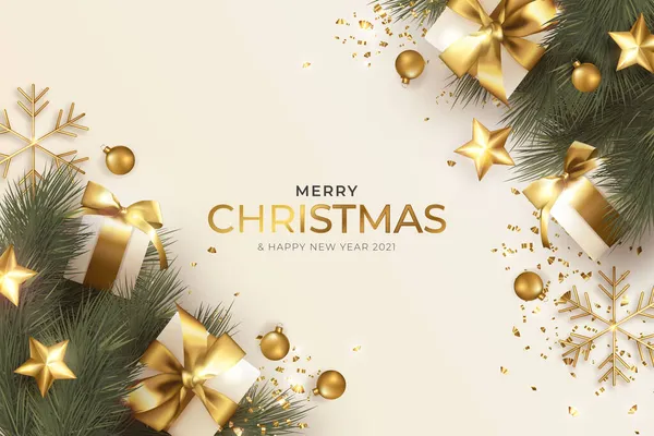 Tarjeta Felicitación Feliz Navidad Con Decoración Navidad Realista — Vector de stock