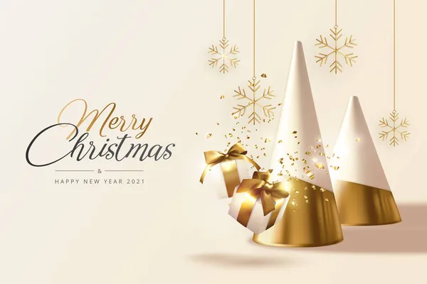 Navidad Realista Tarjeta Felicitación Año Nuevo Con Regalos Árboles Oro — Vector de stock