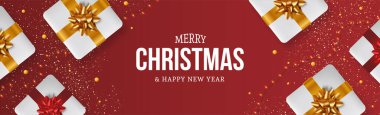 gerçekçi noel hediyeleri kompozisyonu ile modern mutlu noeller afişi