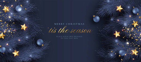 christmas greeting card with blue golden realistic decoration