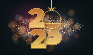 Yeni yıl 2023 Bokeh vektör tasarımı illüstrasyonlu altın pankart