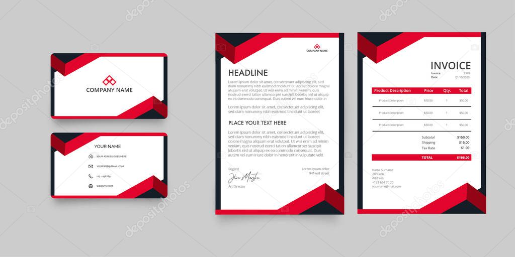 Business stationery with red shapes vector design illustration