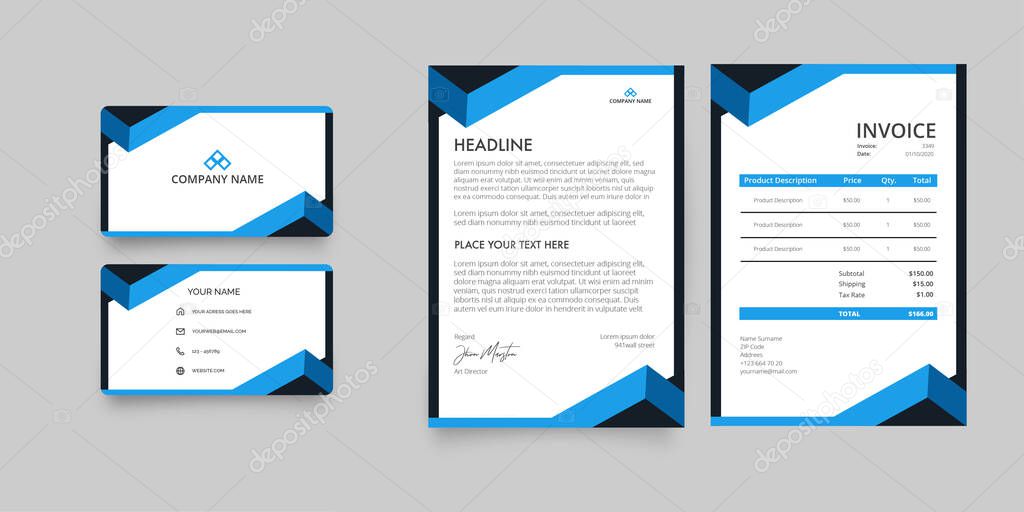 Corporative stationery with blue shapes vector design illustration