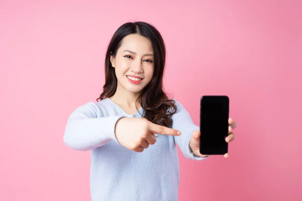 Portrait Beautiful Young Asian Girl Isolated Pink Background — Stock Photo, Image