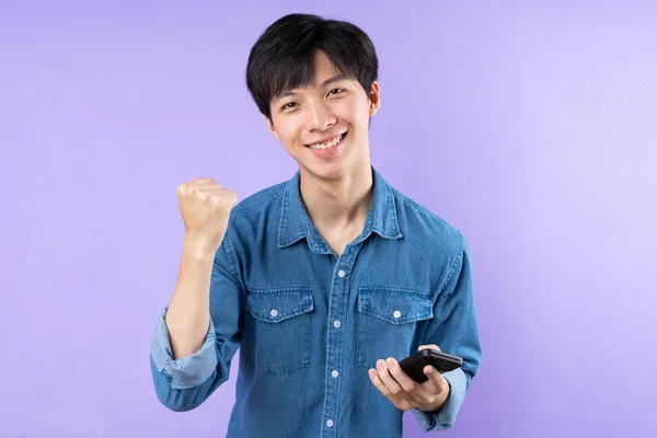 Portrait Asian Man Blue Shirt Posing Purple Background — Stock Photo, Image