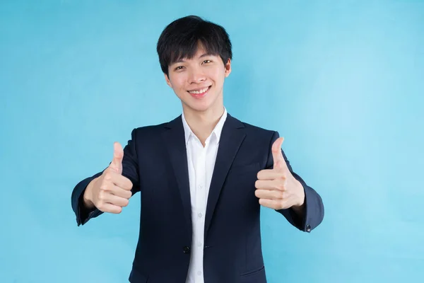 Image Young Asian Businessman Wearing Suit Blue Background — Stock Photo, Image