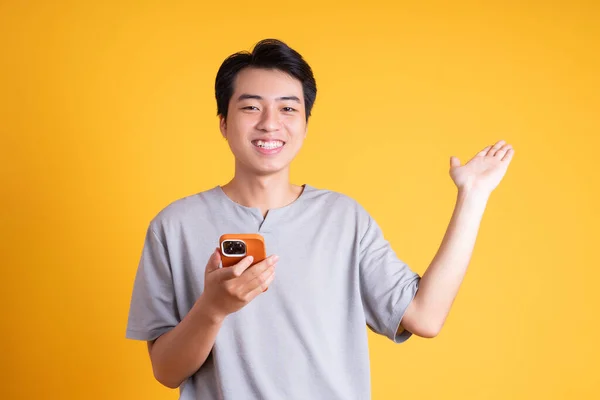 Asian Young Man Posing Yellow Background — Stock Photo, Image