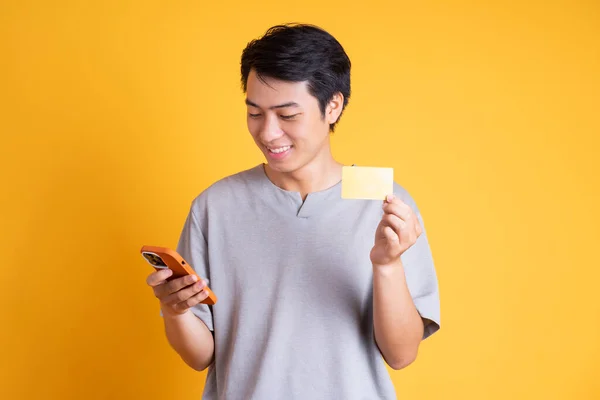 Asian Young Man Posing Yellow Background — Stock Photo, Image