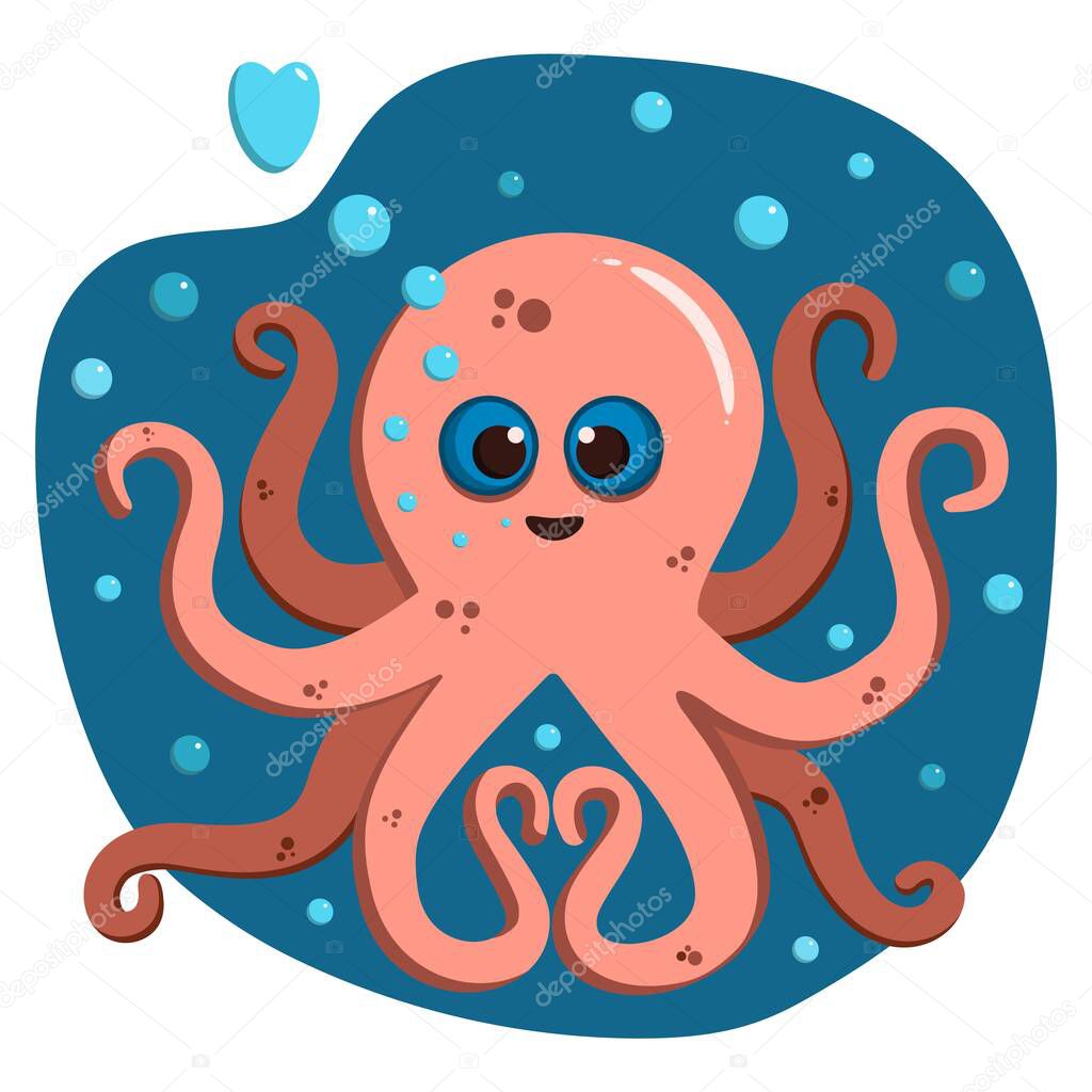 Cute love octopus. Flat vector illustration. Funny cartoon print. Happy character and bubbles.