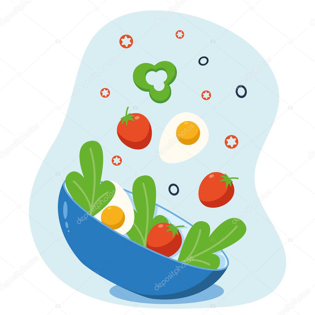 Fresh  salad. Flat vector illustration. Vegetables in the plate. Cooking. Diet and health products.