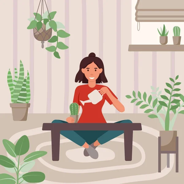 Urbaner Dschungel, urbaner Garten, Hausgarten und gemütliches Zuhause. Gartenarbeit zu Hause mit einer Frau, die Zimmerpflanzen gießt. Vektorflache Illustration. — Stockvektor