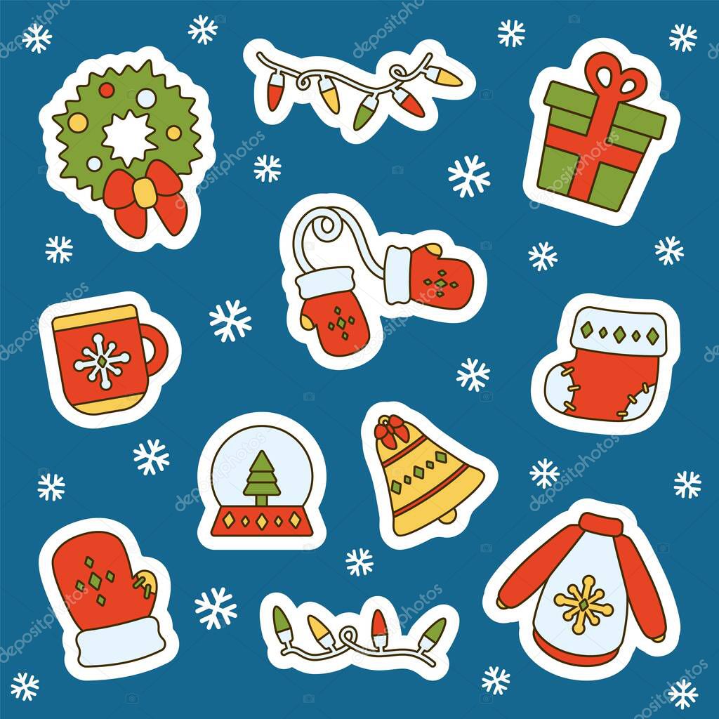 Sticker icon set christmas and new year isolated vector illustration. Cute element happy new year.