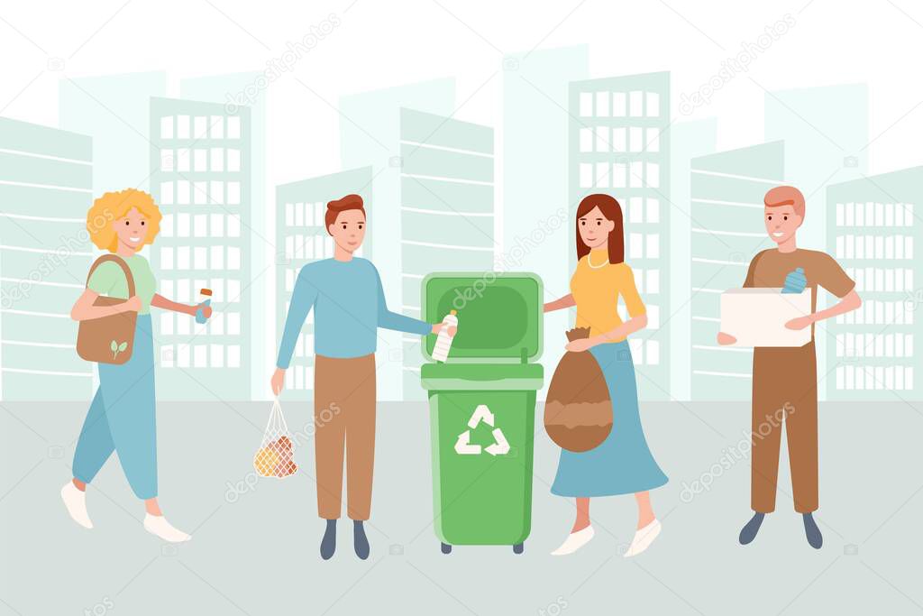 Set of happy men and women sorting and recycling and reuse the garbage. Zero waste concept. Bundle of cute funny people putting rubbish in trash bins, dumpsters or containers. Flat vector illustration