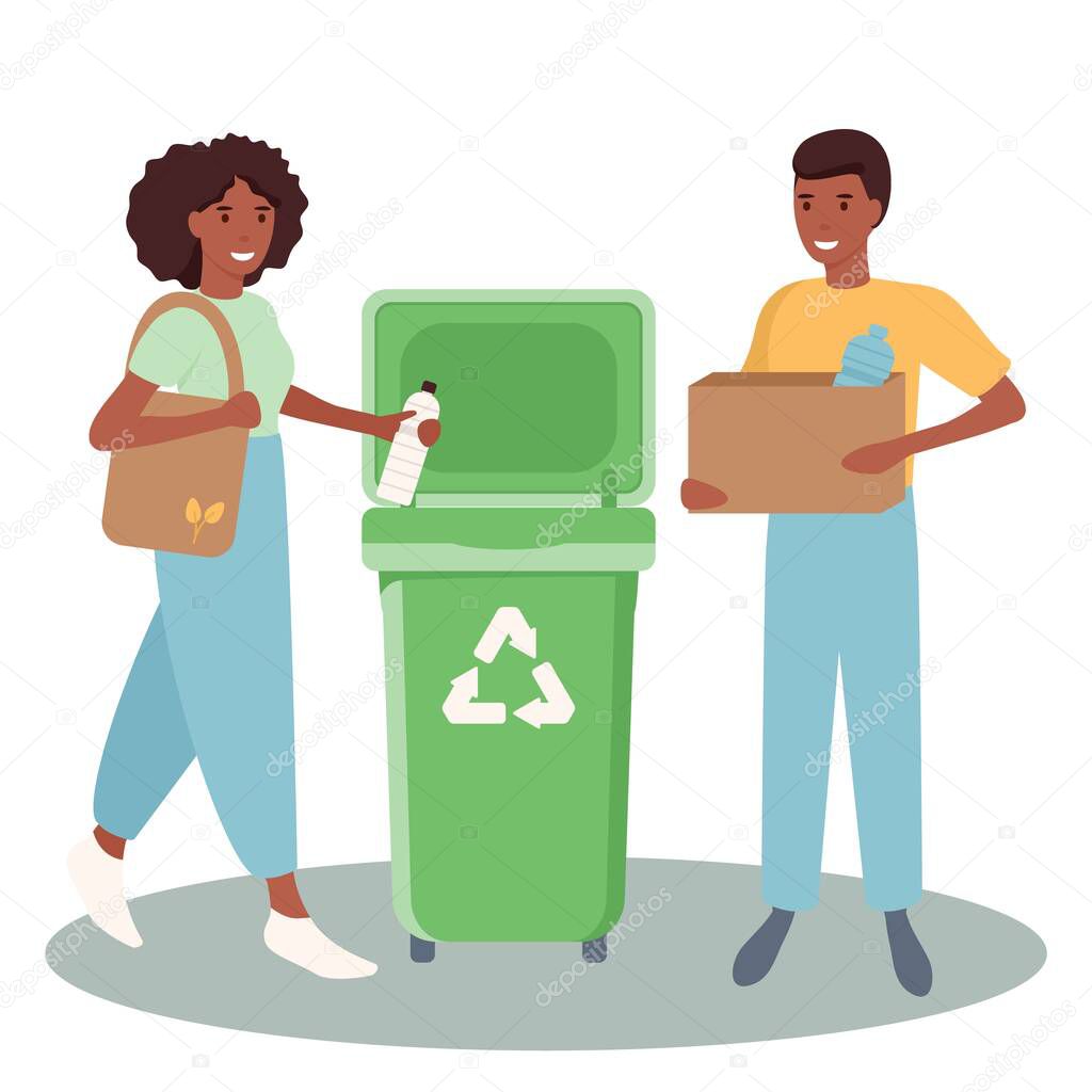 Set of happy men and women sorting and recycling and reuse the garbage. Zero waste concept. Bundle of cute funny people putting rubbish in trash bins, dumpsters or containers. Flat vector illustration