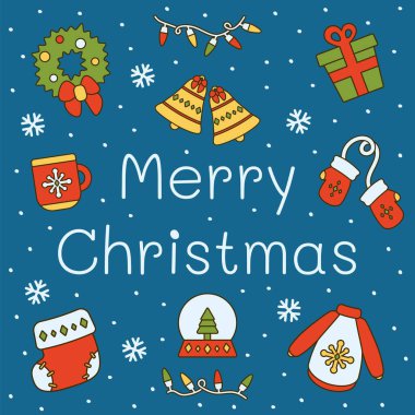Tatil afişi. Noel ve yeni yıl illüstrasyonu. Sevimli elementler.