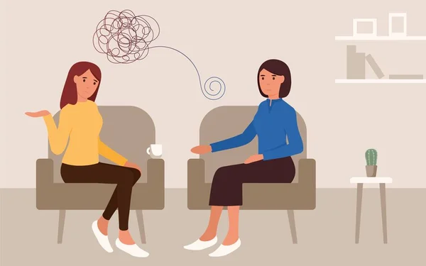 Mental treatment problems psychology concept. Young woman talking with a psychologist. Doctor help pattient. Psychological counseling and therapy. Couch consultation. Vecotor flat illustration. — Stock Vector