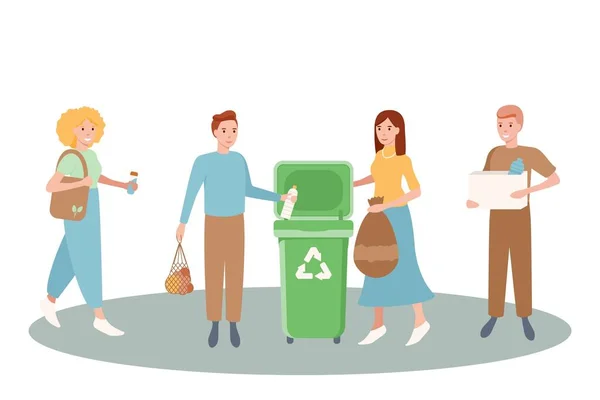 Een stel gelukkige mannen en vrouwen die het afval sorteren en recyclen en hergebruiken. Geen afval concept. Een bundel leuke grappige mensen die afval in vuilnisbakken, vuilnisbakken of containers gooien. Platte vectorillustratie — Stockvector