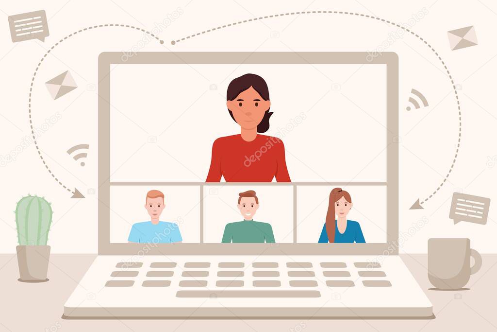 Online students lesson, learning and meeting in distant. Home school, teacher teaching students on computer laptop screen. Video Conference, remote working. Flat vector illustration.