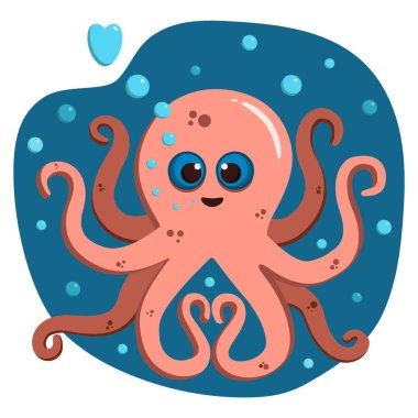 Cute love octopus. Flat illustration. Funny cartoon print. Happy character and bubbles.