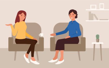 Zihinsel tedavi sorunları psikoloji kavramı. Genç bir kadın bir psikologla konuşuyor. Doktor yardım patenti. Psikolojik danışmanlık ve terapi. Koltuk konsültasyonu. Vecotor düz illüstrasyon.